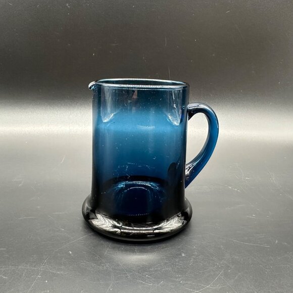 Vintage Hand Blown Blue Glass Pitcher Creamer Spout Applied Handle Art Glass - Picture 2 of 9
